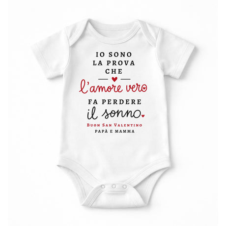 Body neonato bianco a maniche corte con scritta "Amore vero" e cuore, San Valentino