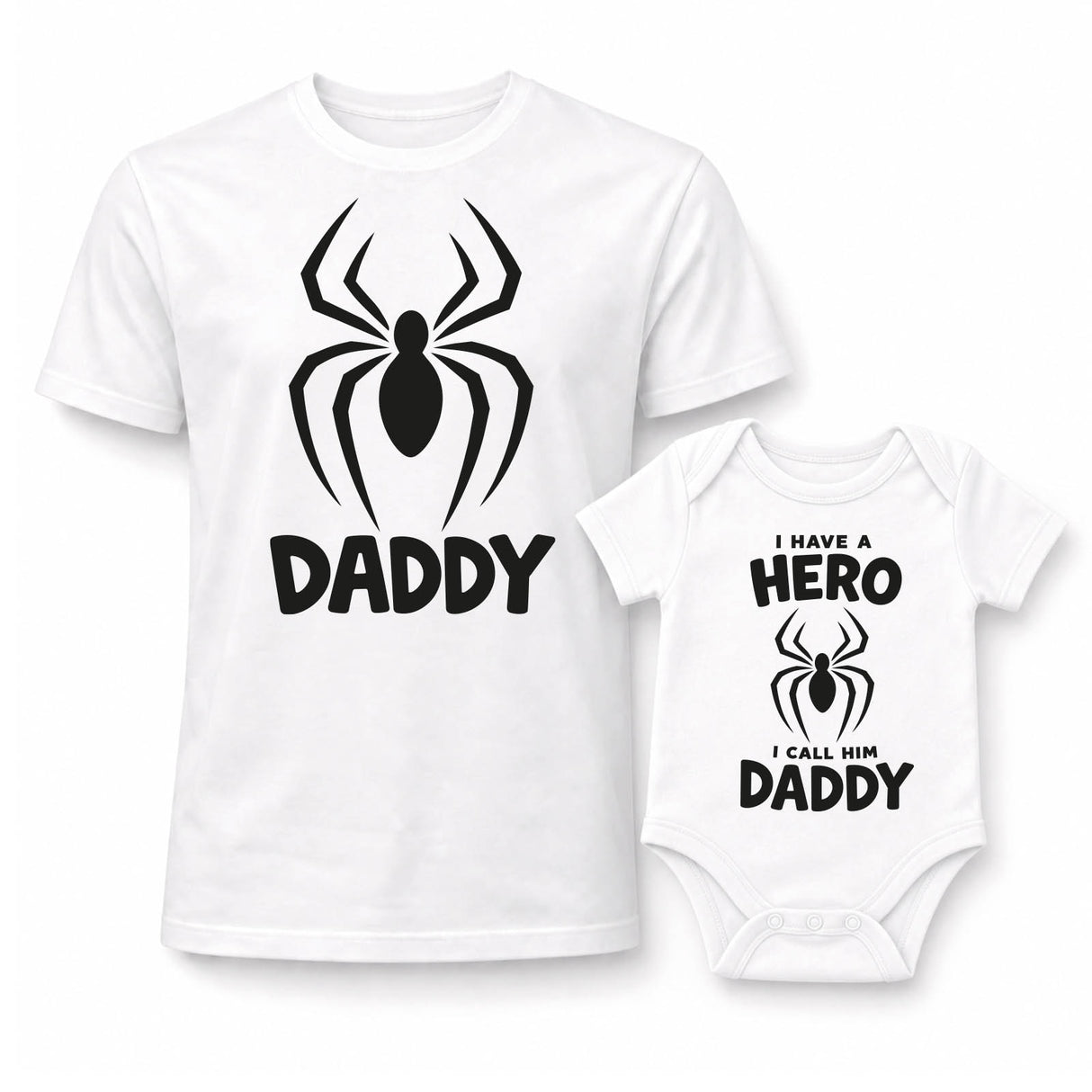 T-shirt bianca e body bimbo con stampa ragno e scritte DADDY e HERO