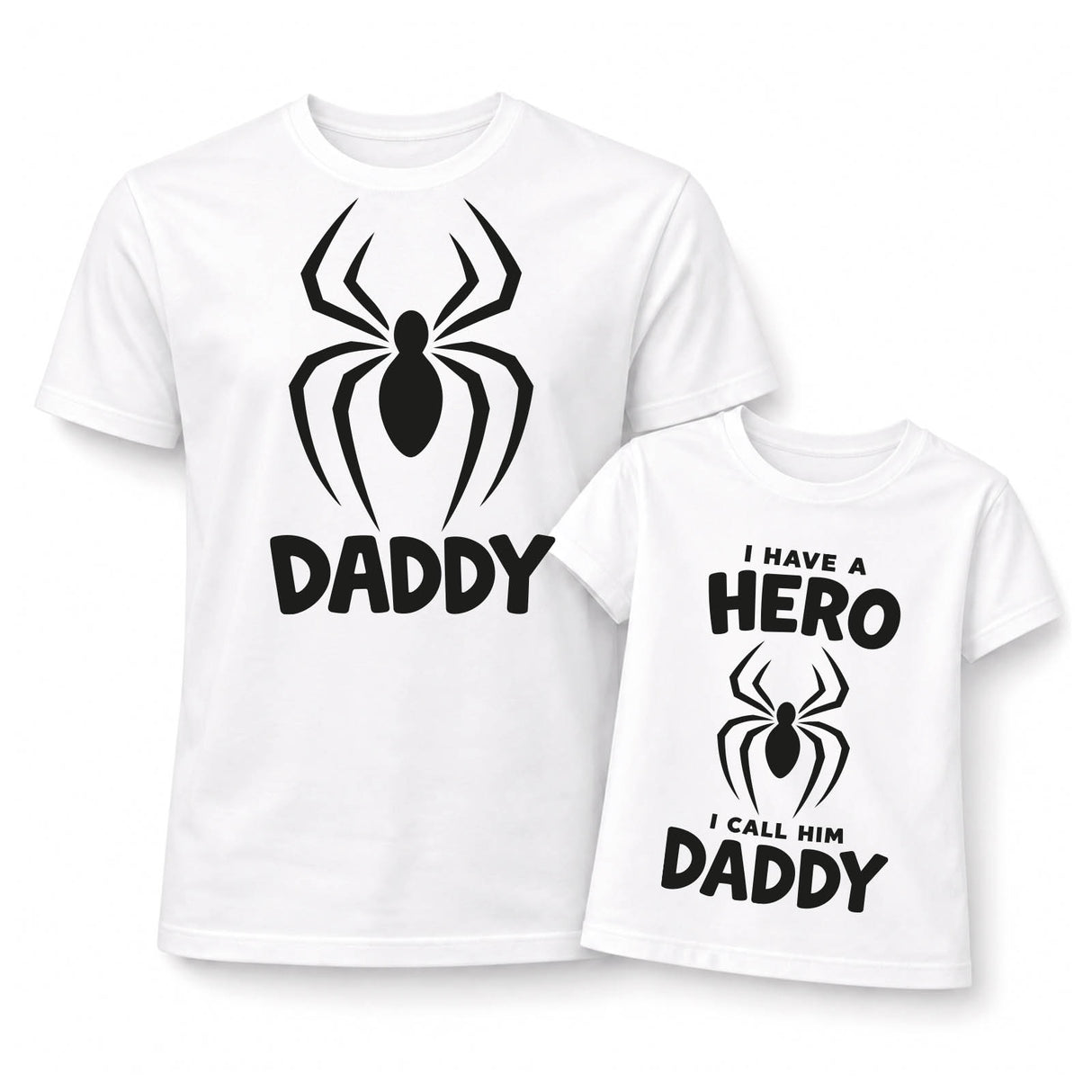 Set t-shirt e body bimbo bianchi con stampa ragno, HERO e DADDY