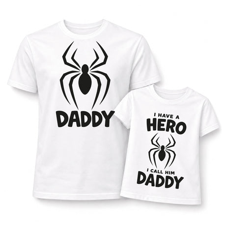 Set t-shirt e body bimbo bianchi con stampa ragno, HERO e DADDY