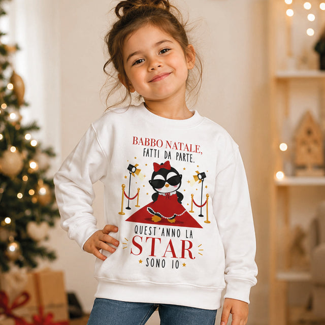 Felpa bianca bambina con stampa Babbo Natale e scritta “Quest’anno la star sono io”