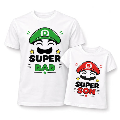 Set maglietta bianca Super Dad e maglietta bianca Super Son, grafica a cappello
