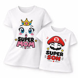 T-shirt bianca mamma e figlio con stampa “Super Mom” e “Super Son”
