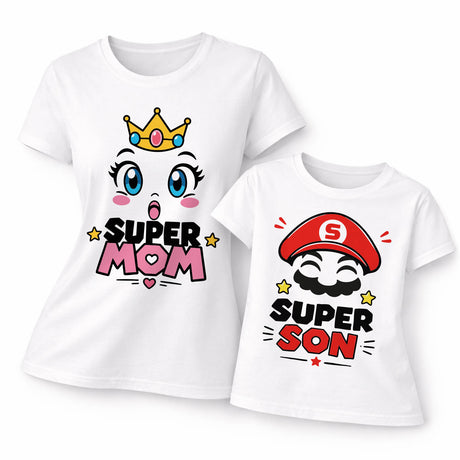 T-shirt bianca mamma e figlio con stampa “Super Mom” e “Super Son”