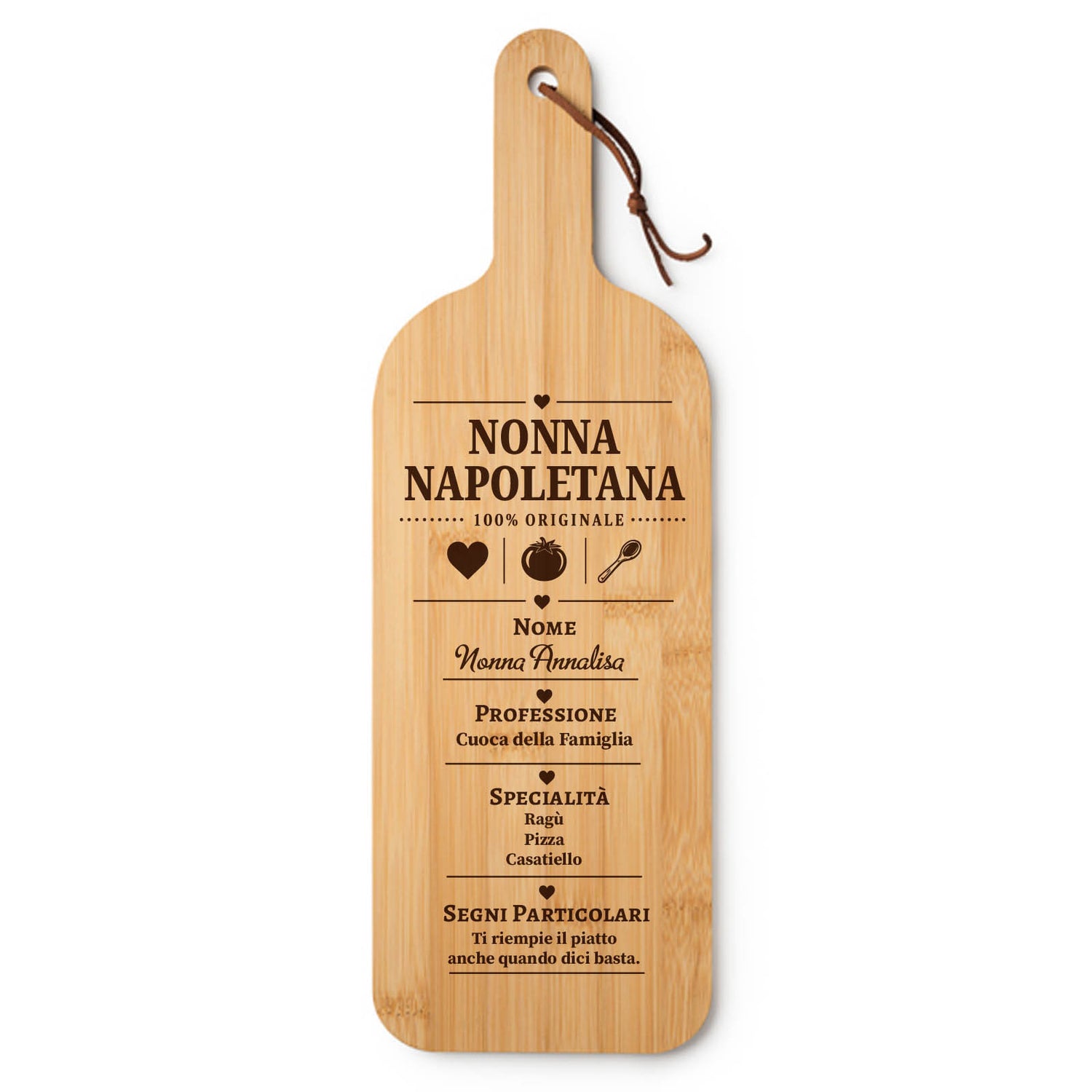 Tagliere in legno con manico e incisione “Nonna Napoletana”.