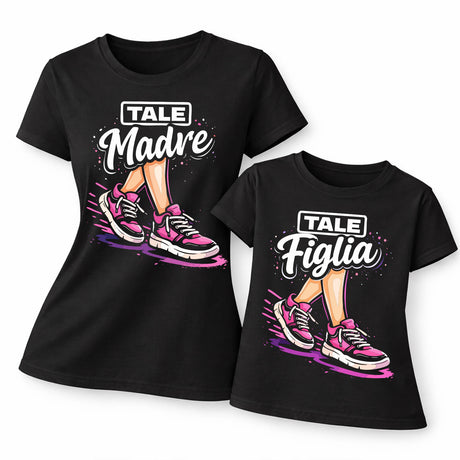 Coppia di magliette nere: TALE Madre e TALE Figlia, grafica scarpe rosa