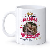 Tazza bianca in ceramica con “Miglior Mamma al mondo” e foto con nome Bianca