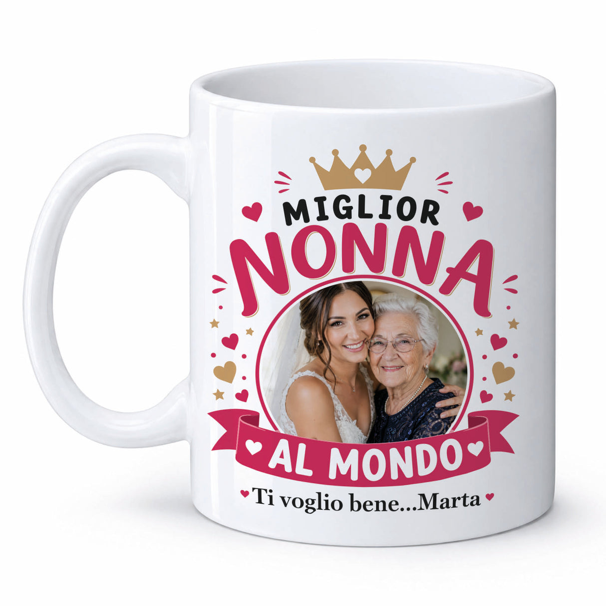 Tazza bianca con foto e corona; "Miglior Nonna al Mondo" "Ti voglio bene... Marta"