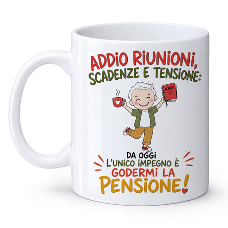 Tazza bianca in ceramica con stampa colorata “Addio riunioni” e manico