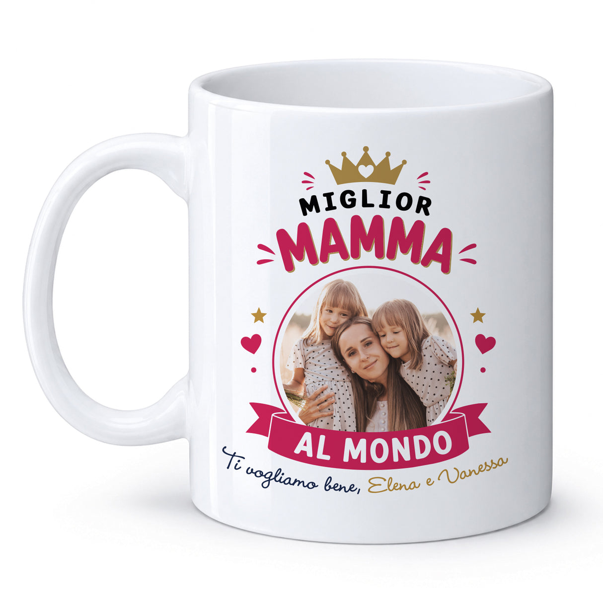 Tazza bianca in ceramica con scritta “Miglior Mamma al mondo” e foto
