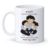 Tazza ceramica bianca con stampa 'papà' e illustrazione di tre bambini, manico.