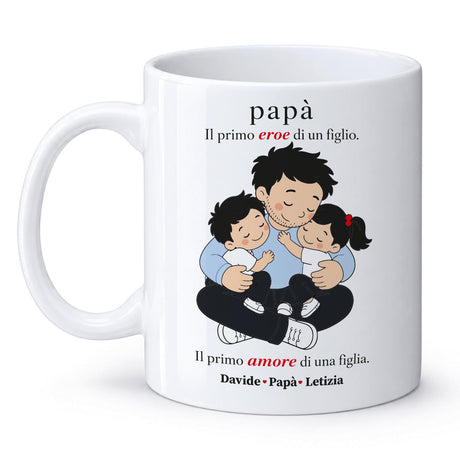 Tazza ceramica bianca con stampa 'papà' e illustrazione di tre bambini, manico.