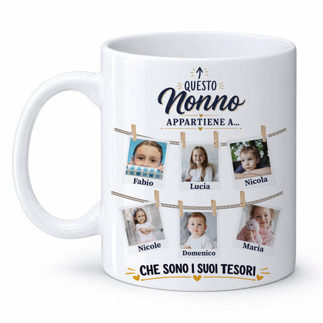 Tazza bianca con manico e grafica “Questo Nonno appartiene a…” con foto dei nipoti