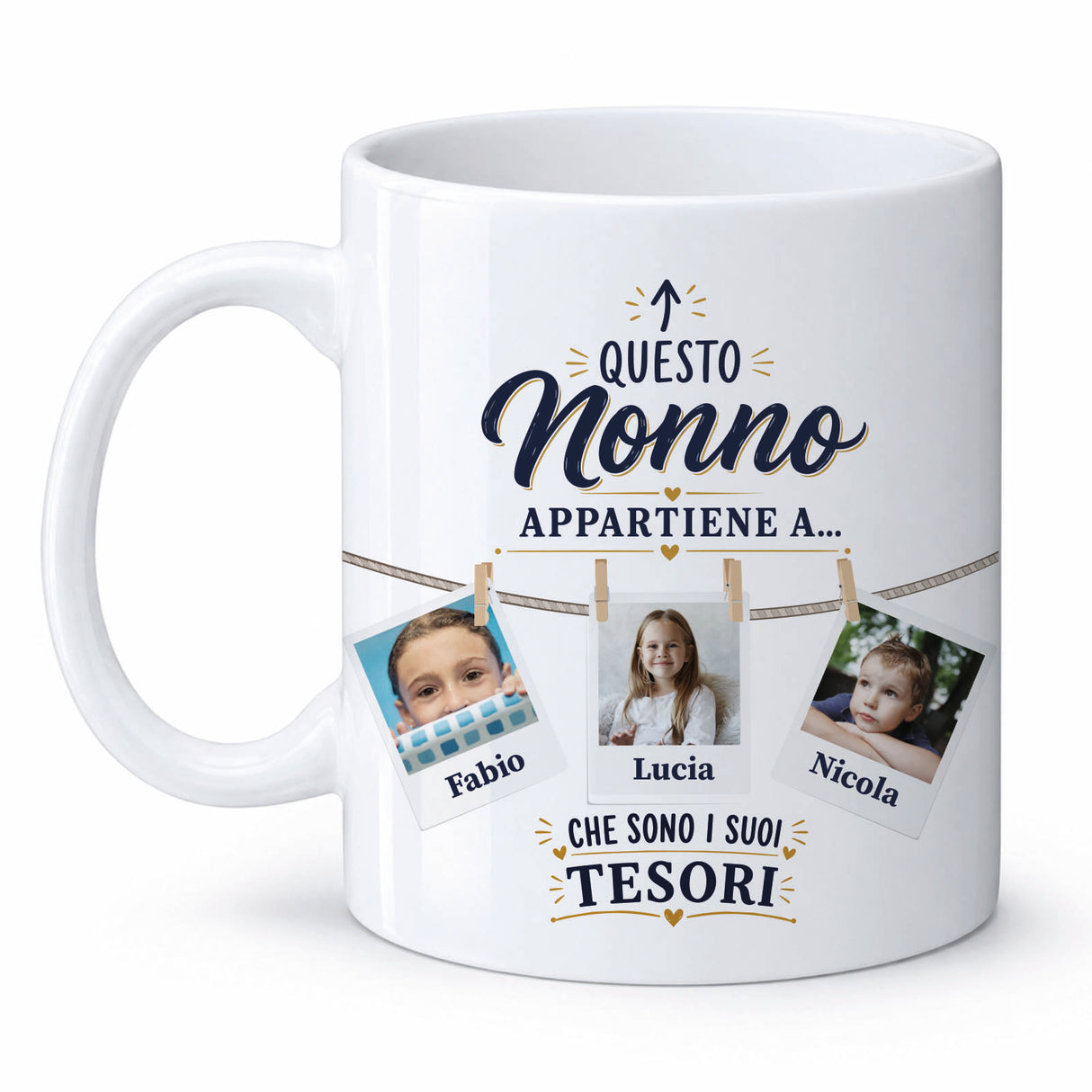 Tazza bianca con manico: scritta “Questo Nonno appartiene a…” e tre foto dei nipoti