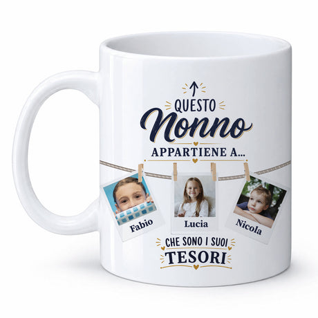 Tazza bianca con manico: scritta “Questo Nonno appartiene a…” e tre foto dei nipoti