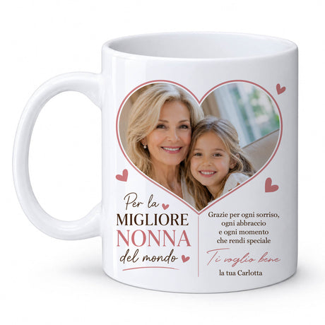 Tazza bianca con cuore foto e dedica per la migliore nonna del mondo, “Carlotta”