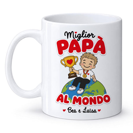Tazza bianca con stampa 'Miglior Papà al Mondo' e 'Bea e Luisa'.
