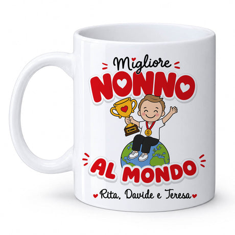 Tazza bianca con manico, “Migliore Nonno al mondo” e nome “Rita, Davide e Teresa”