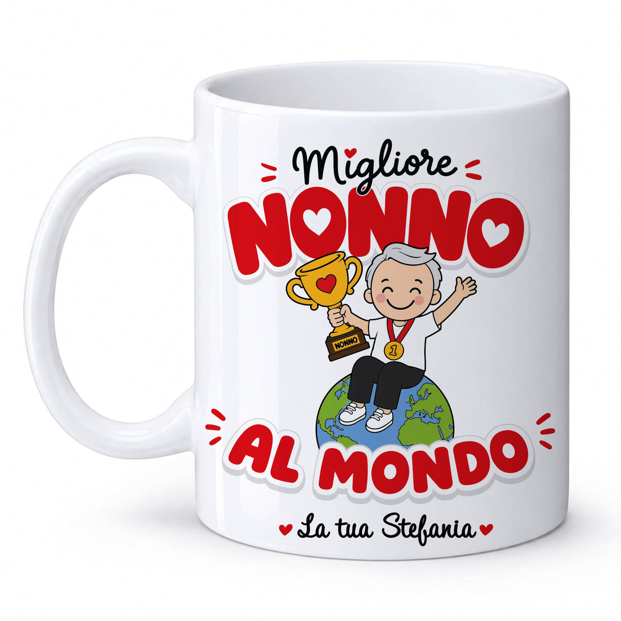 Tazza bianca con manico, scritta “Migliore Nonno al mondo” e nome “La tua Stefania”