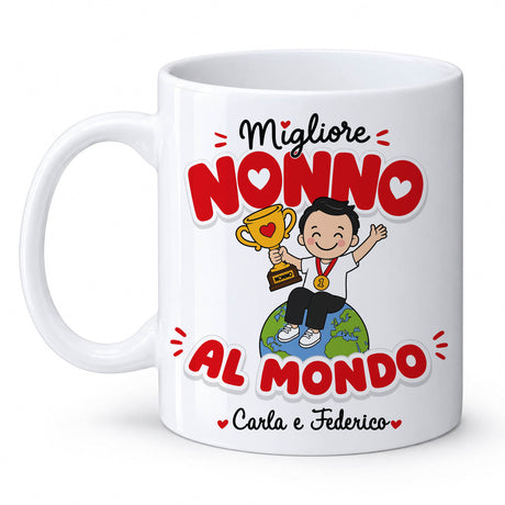 Tazza bianca con manico, scritta “Migliore Nonno al mondo” e nome “Carla e Federico”