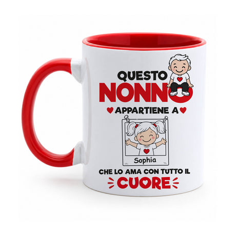Tazza bianca con bordo rosso, “Questo Nonno appartiene a” con Sofia e illustrazione nonno