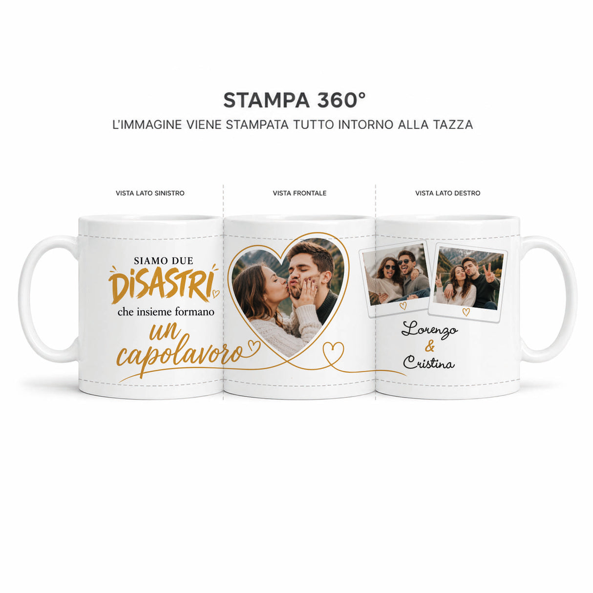 Tazza bianca con stampa fotografica a cuore e foto della coppia su due lati