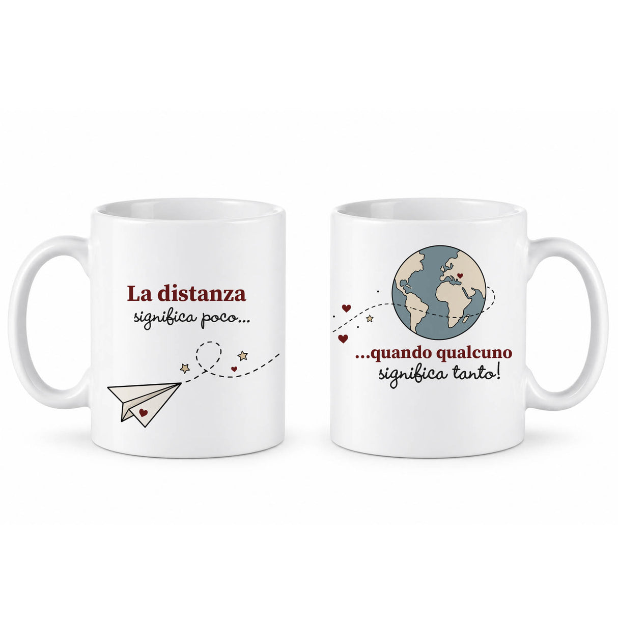 Set di due tazze bianche con stampa tema distanza e mappamondo, manici laterali