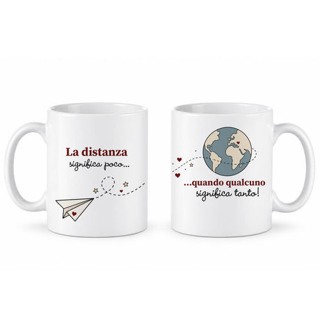 Set di due tazze bianche con stampa tema distanza e mappamondo, manici laterali