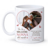 Tazza bianca con cuore con foto e dedica “migliore nonna del mondo”