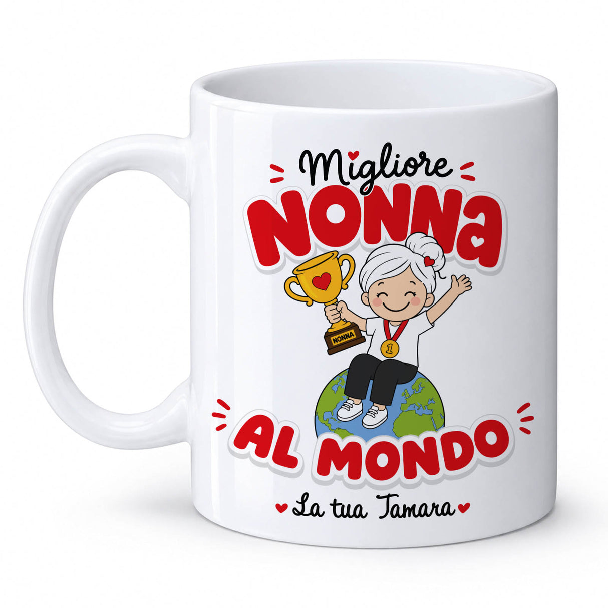 Tazza personalizzata bianca con scritta “Migliore Nonna al Mondo” e “La tua Tamara”.