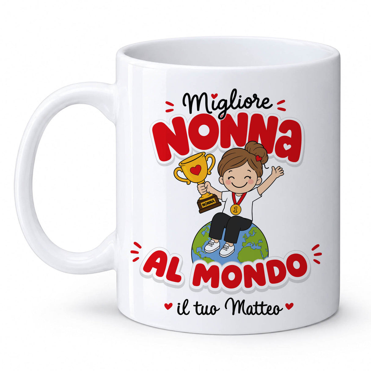 Tazza personalizzata bianca con scritta “Migliore Nonna al Mondo” e “il tuo Matteo”.