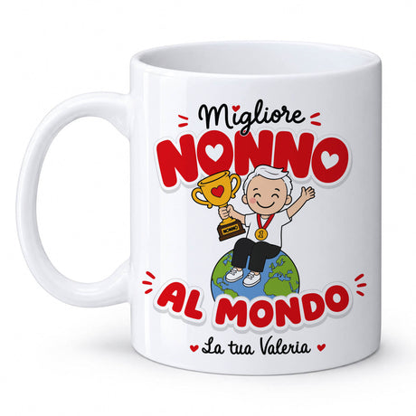 Tazza bianca con manico, scritta “Migliore Nonno al mondo” e cuore rosso