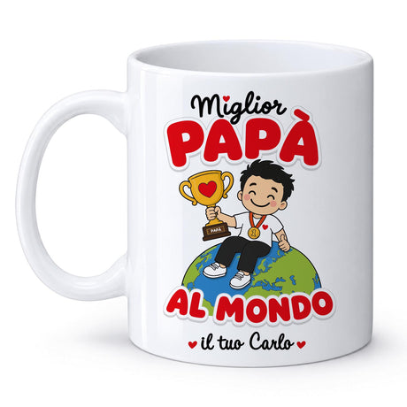Tazza bianca con stampa 'Miglior Papà al Mondo' e 'il tuo Carlo'.