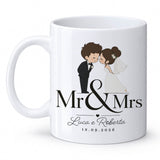 Tazza bianca con grafica sposi Mr & Mrs, nomi Luca e Roberta, data 18.09.2026