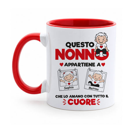 Tazza bianca con bordo rosso, “Questo Nonno appartiene a” con Sophia e Matteo