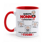 Tazza bianca con bordo rosso, “Questo Nonno appartiene a” con Teresa, Giacomo e Valeria