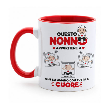 Tazza bianca con bordo rosso, “Questo Nonno appartiene a” con Teresa, Giacomo e Valeria