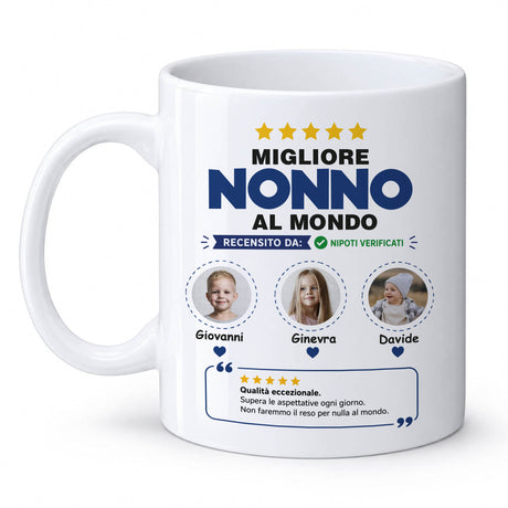 Tazza bianca “Migliore Nonno al Mondo” con foto nipoti Giovanni, Ginevra, Davide