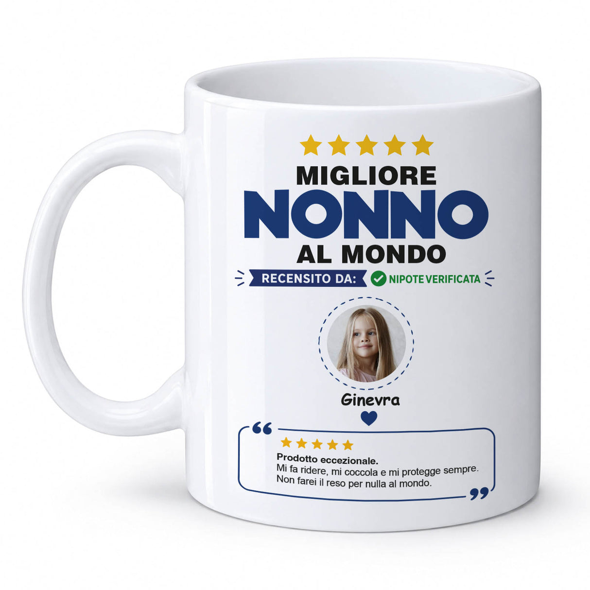 Tazza bianca “Migliore Nonno al Mondo” con foto e nome Ginevra