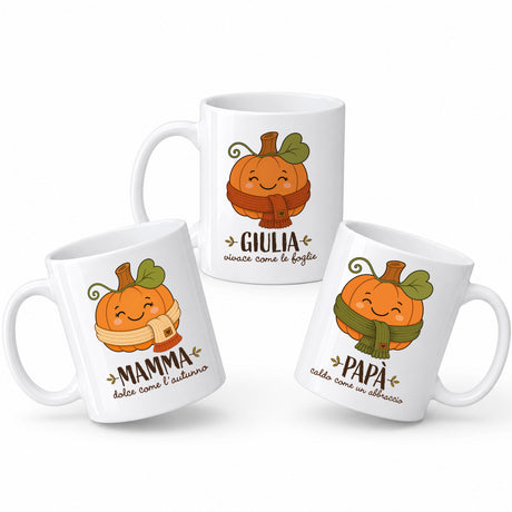 Set di 3 tazze bianche con manici, illustrazioni zucca e scritte MAMMA, GIULIA, PAPA