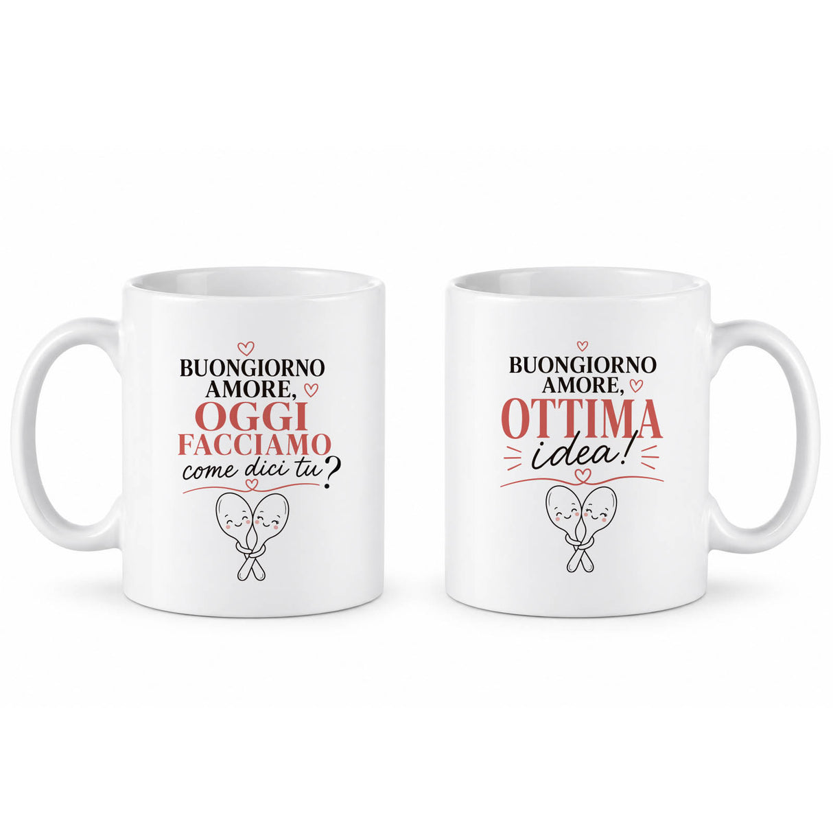 Coppia di tazze bianche con testo «Buongiorno amore» e «Ottima idea»
