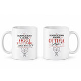 Coppia di tazze bianche con testo «Buongiorno amore» e «Ottima idea»