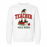 Felpa natalizia bianca con stampa “Elf Teacher” e motivo “Polo Nord” sul davanti