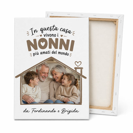 Tela personalizzata bianca con scritta NONNI e foto famiglia, cornice aperta
