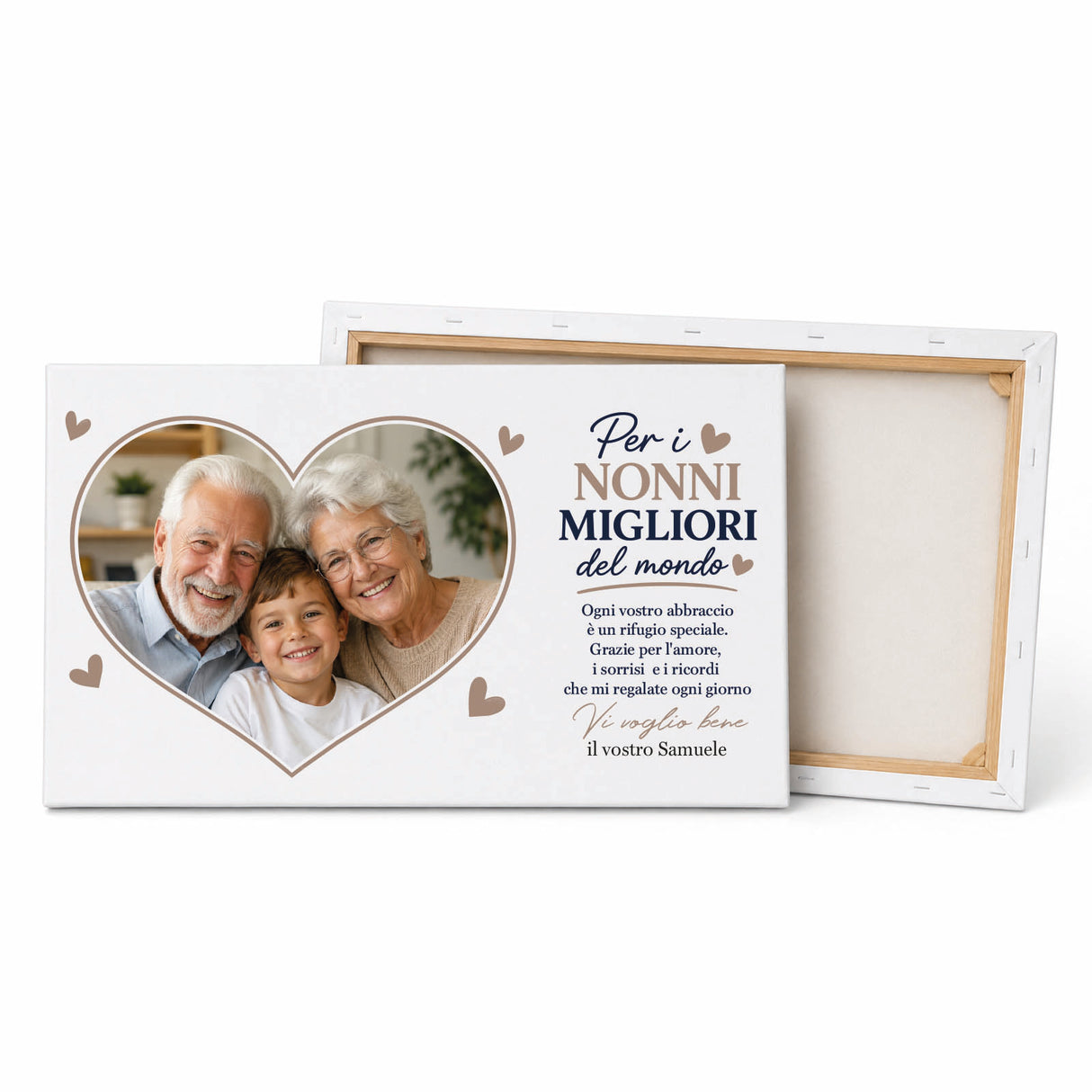 Tela personalizzata con cuore fotografico di nonni e bimbo, dedica blu