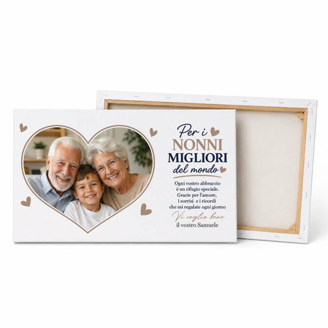 Tela personalizzata con cuore fotografico di nonni e bimbo, dedica blu