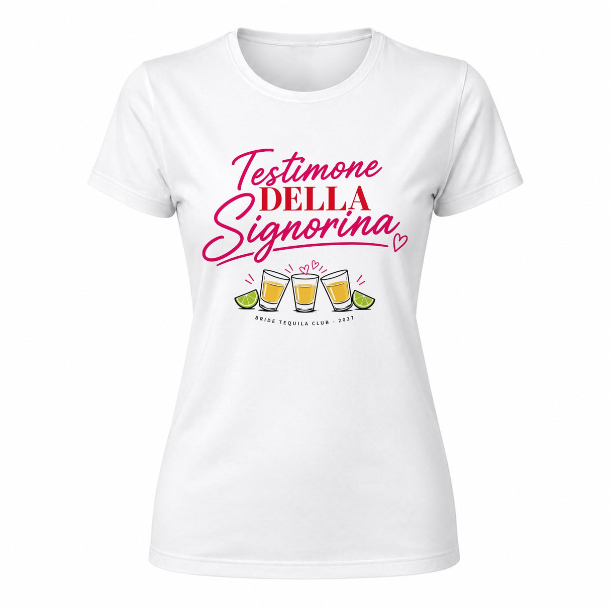 T-shirt bianca con scritta rossa “Testimone della Signorina” e icone di tequila