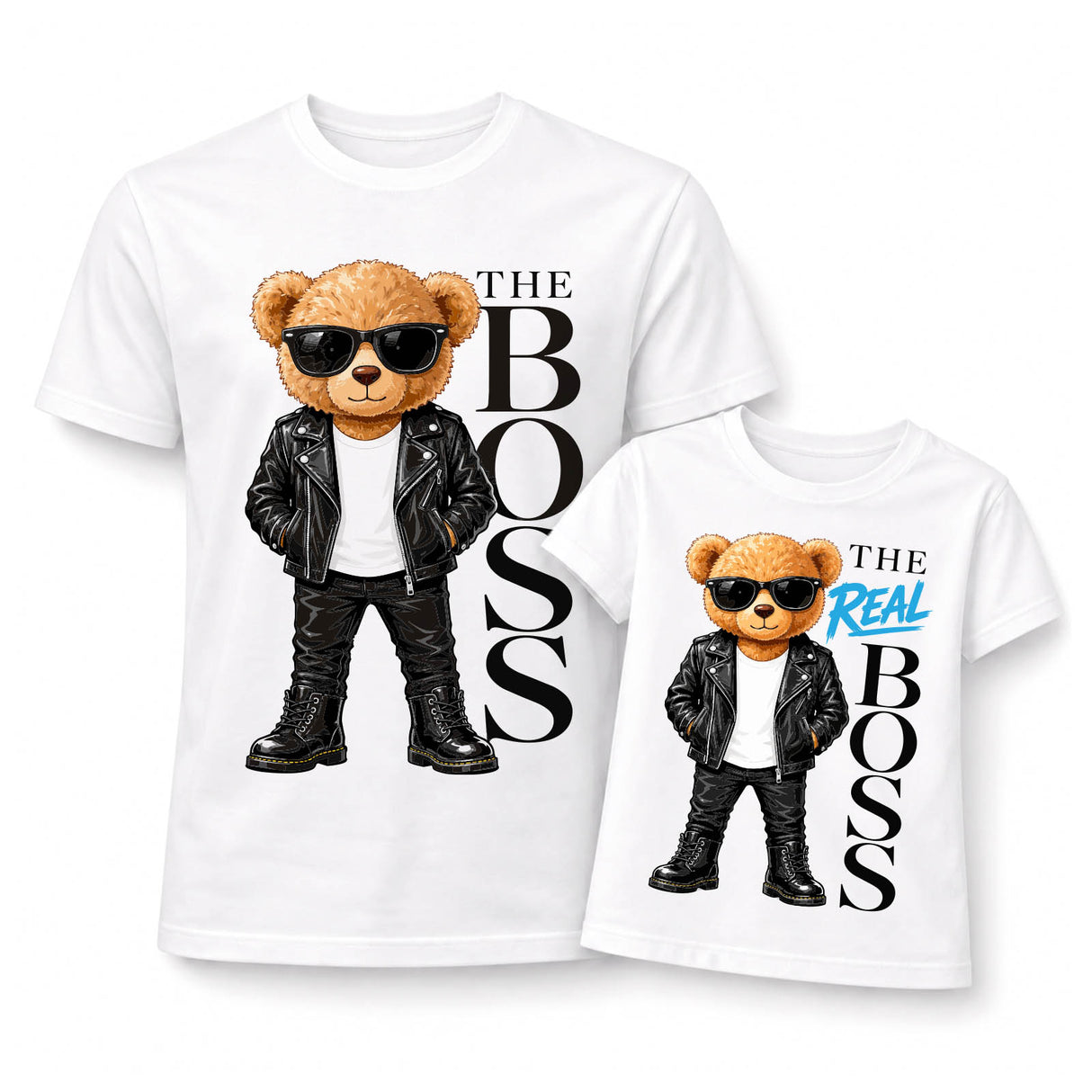 Coppia di magliette bianche con orsetto stilizzato e stampa “THE BOSS”