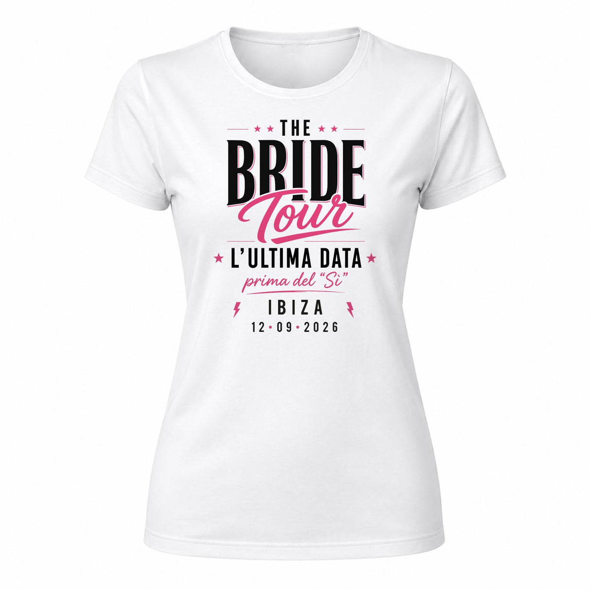 Maglietta bianca da donna con stampa “The Bride Tour”, “L’ultima data” e Ibiza 12-09-2026