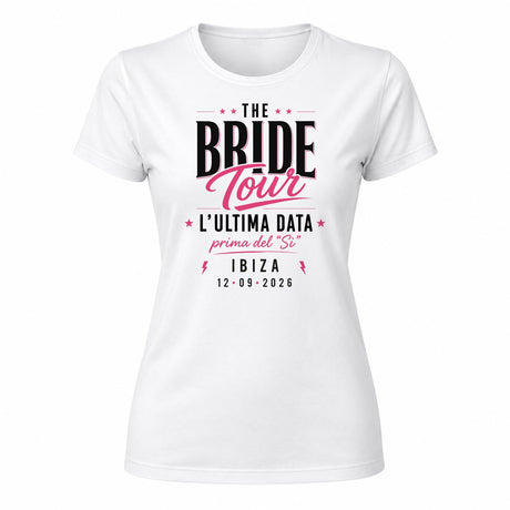 Maglietta bianca da donna con stampa “The Bride Tour”, “L’ultima data” e Ibiza 12-09-2026